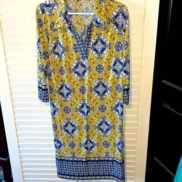 Suzy Shier Geometric Bohemian V Neck Long Sleeve Midi Dress XL - Picture 1 of 6